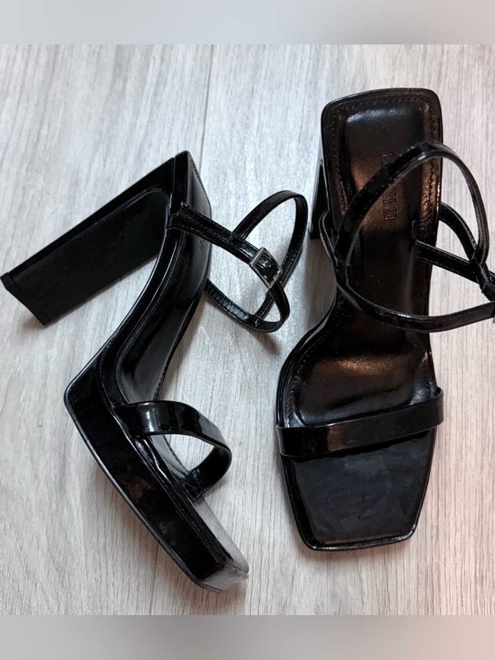 Patent Black Strappy Block Heel Sandals